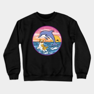 Cute Corgi Swimming With Dolphins Crewneck Sweatshirt